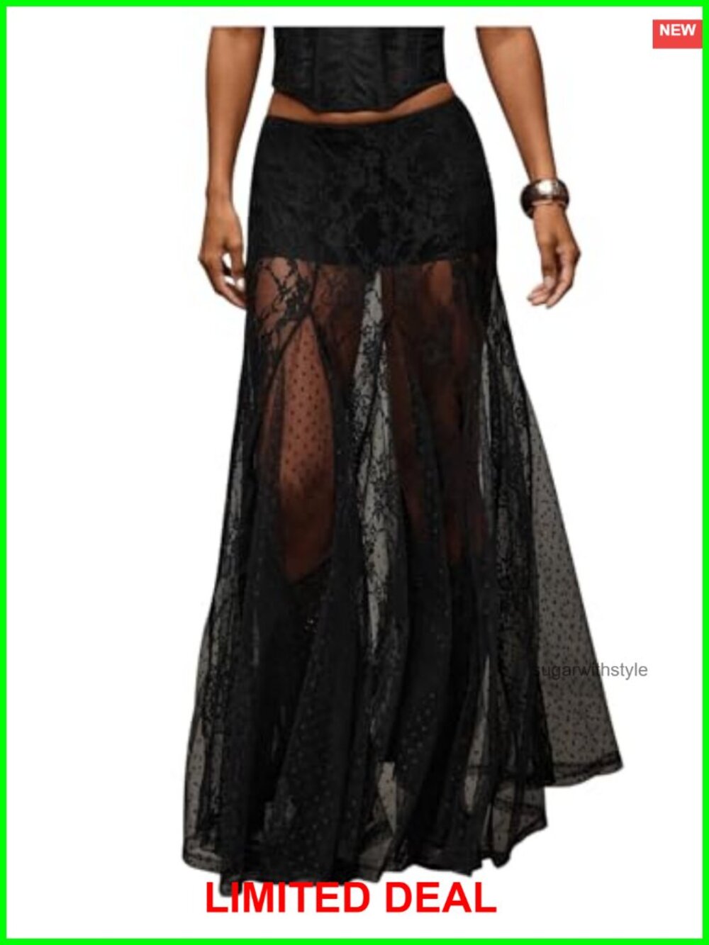 Women Sheer Lace Maxi Skirt See Through Low Waist Flowy A-Line Skirt